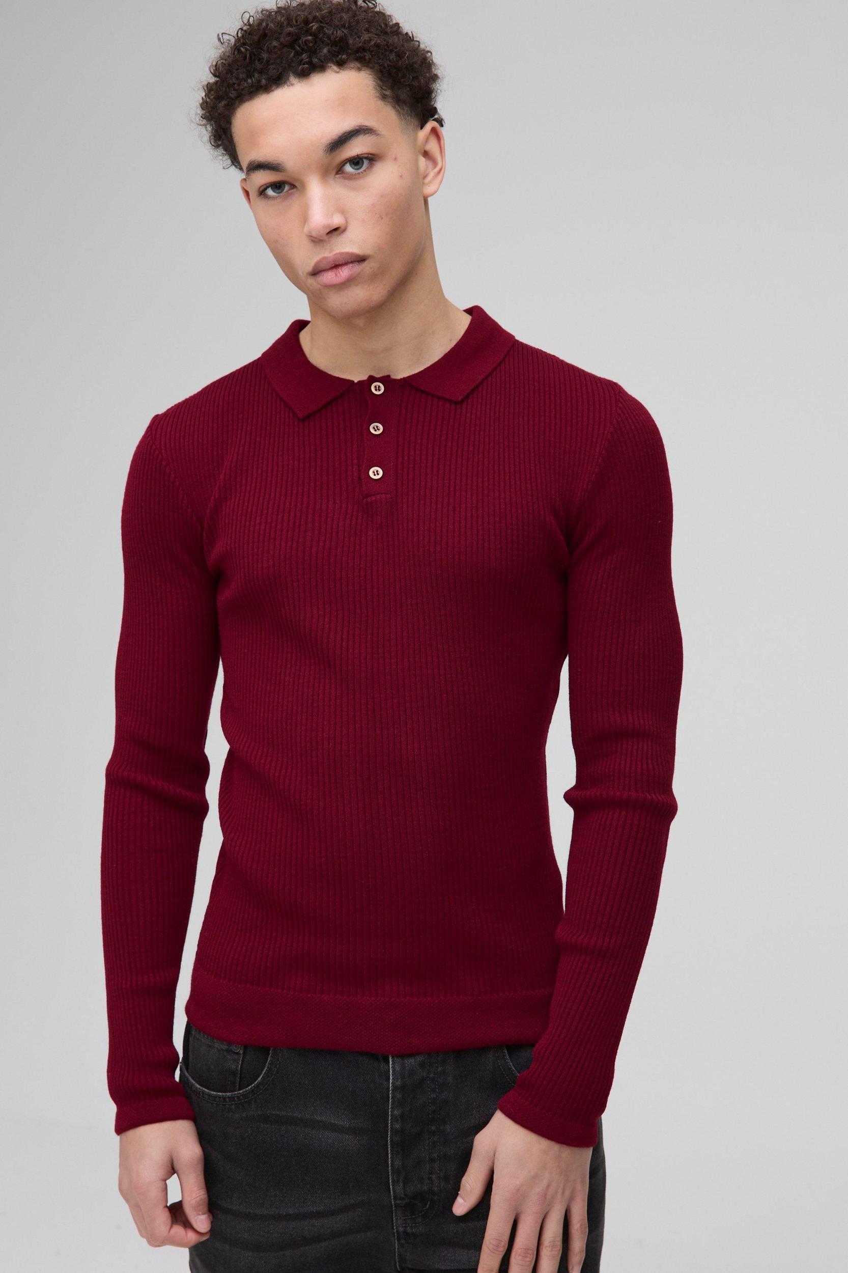 Muscle Fit Ribbed Button Neck Knitted Polo | boohooMAN USA Product Image