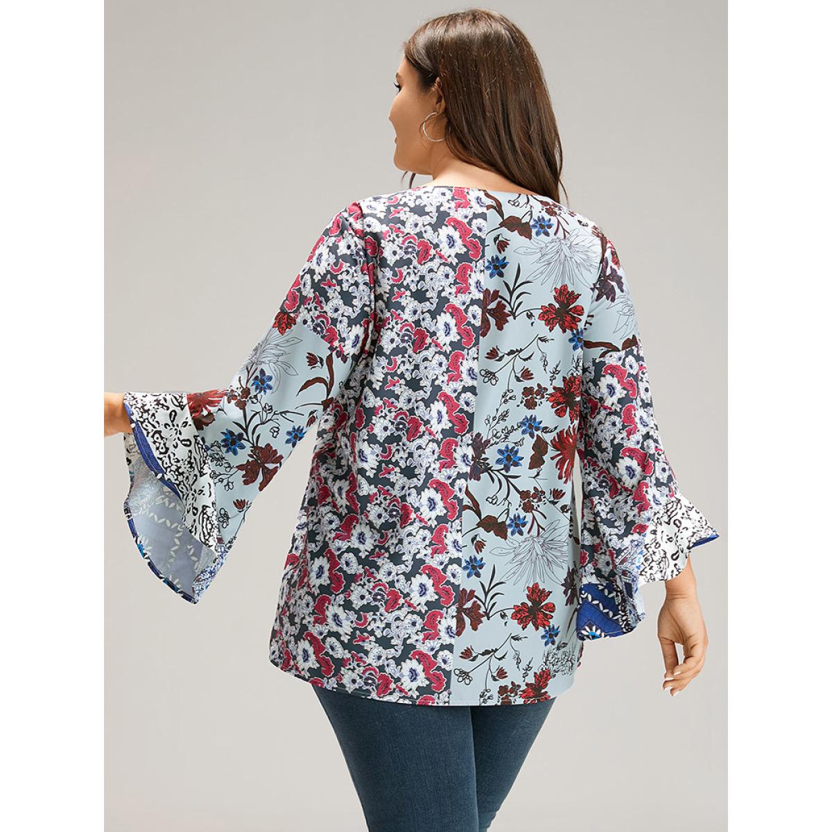 Plus Size Stone Bandana Print Patchwork Bell Sleeve Blouse Women Elegant Long Sleeve V-neck Vacation Blouses BloomChic 22-24/3X Product Image