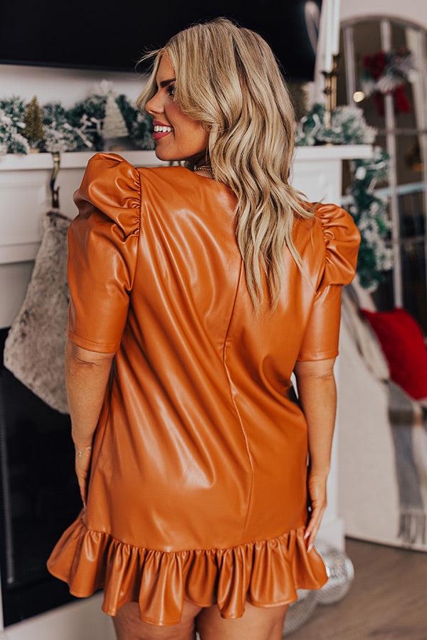Stylish Setting Faux Leather Mini Dress in Camel Curves Product Image