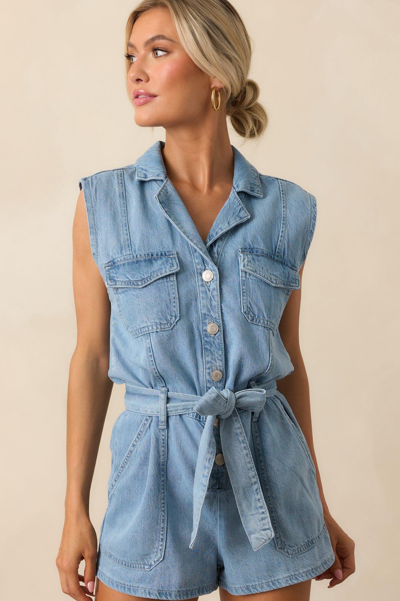 Z Supply Light Wash Cotton Dash Luxe Soft Denim Romper Product Image