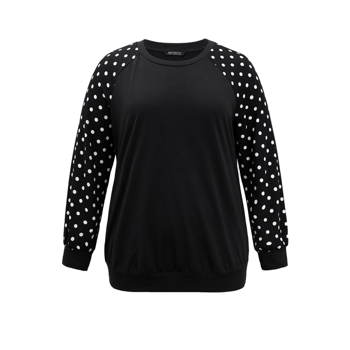 Plus Size Polka Dot Patchwork Raglan Sleeve Sweatshirt Women Black Casual Elastic cuffs Round Neck Everyday Sweatshirts BloomChic 14-16/1X Product Image