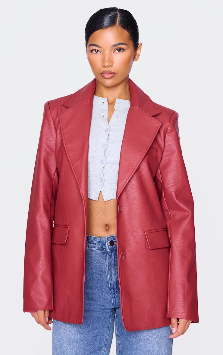 Cherry Red Textured Faux Leather Blazer Product Image