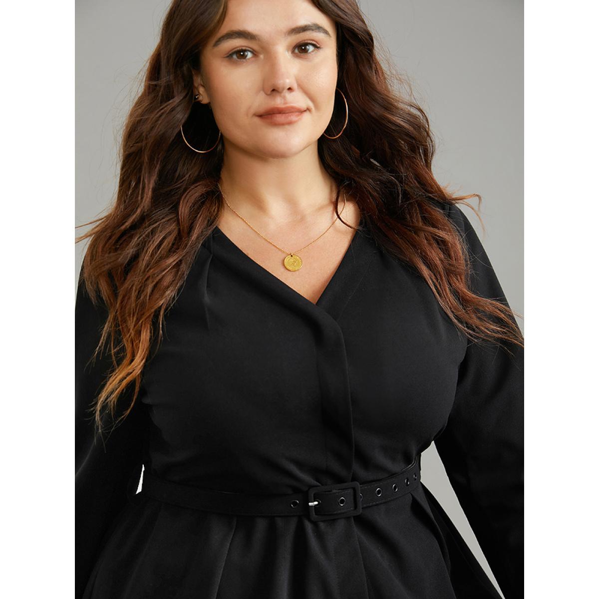 Plus Size Solid Pleated Button Up Belted Blazer Black Women Work Plain Plain Sleeve Long Sleeve Open Front 14-16/1X Belt Work From Home Blazers BloomChic Product Image