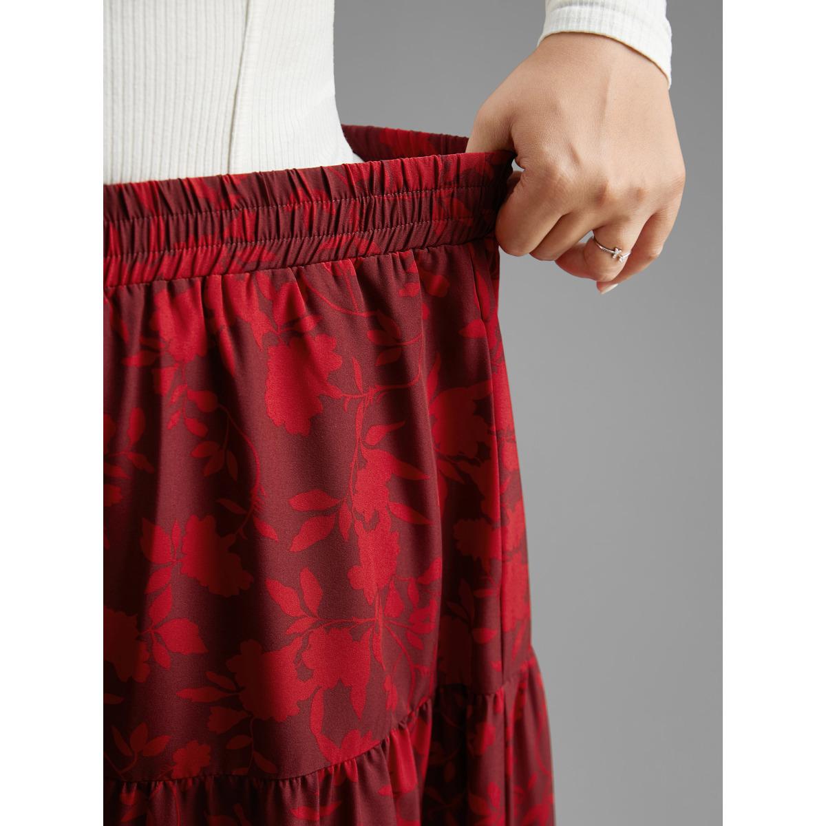 Plus Size Silhouette Floral Print Ruffle Layered Hem Skirt Women Deepred Elegant Loose Low stretch Side seam pocket Everyday Skirts BloomChic 18-20/2X Product Image