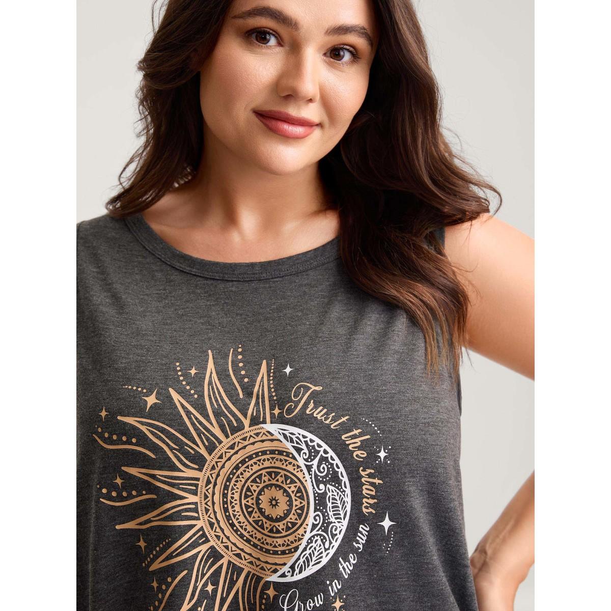 Plus Size Star & Moon Print Solid Tank Top Women DimGray Leisure Non Round Neck Casual Tank Tops Camis BloomChic 14-16/1X Product Image