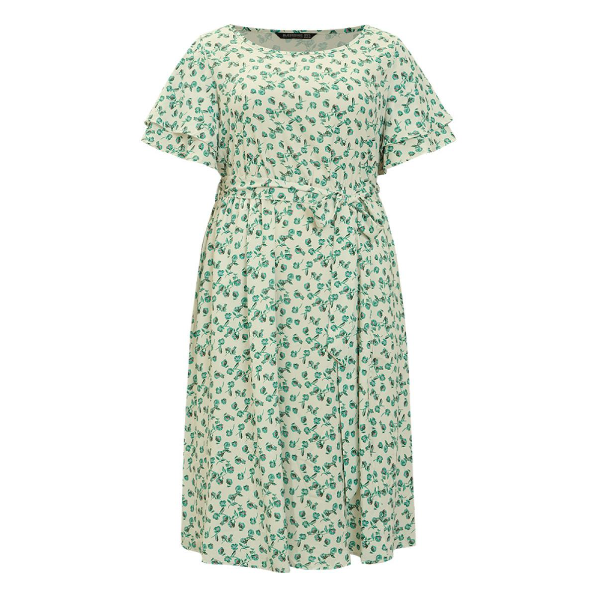 Plus Size Ditsy Floral Flutter Sleeve Pocket Split Hem Belt Dress YellowGreen Women Elegant Pocket V-neck Short sleeve Curvy Midi Dress BloomChic 30/6X Product Image