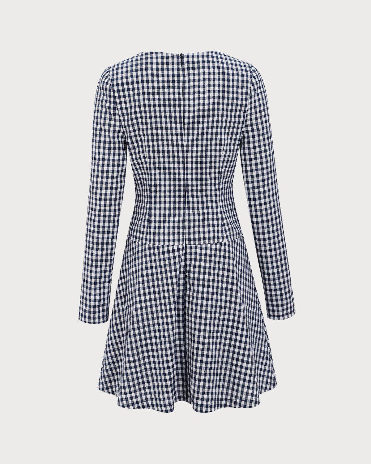 Navy Square Neck Plaid Mini Dress Product Image