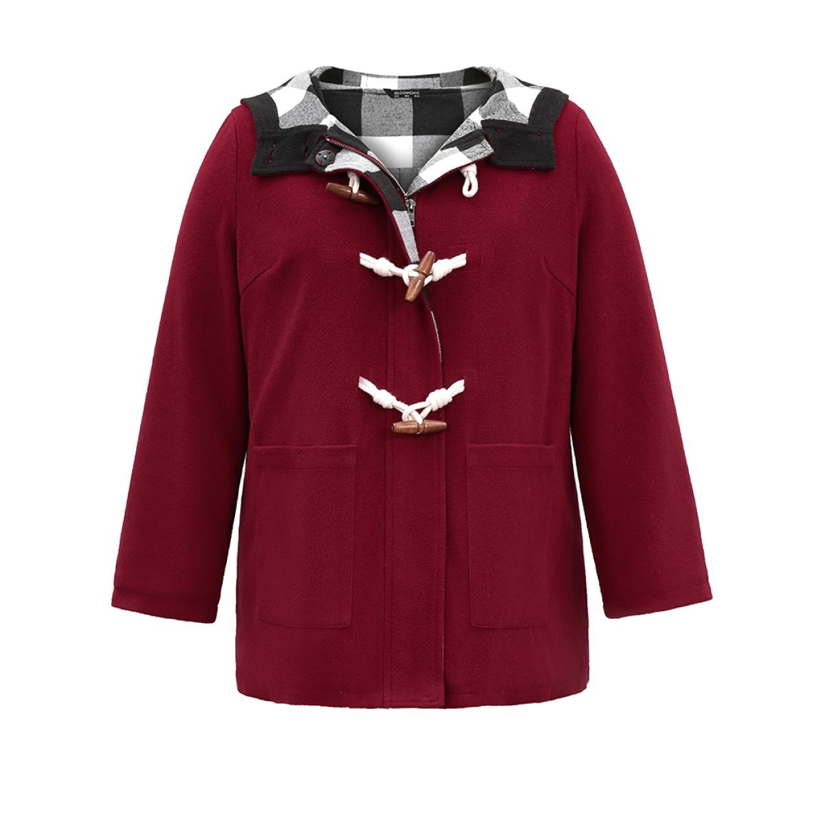 Plus Size Plaid Patchwork Hooded Duffle Button Coat Women Crimson Casual Lined Ladies Dailywear Winter Coats BloomChic 22-24/3X Product Image
