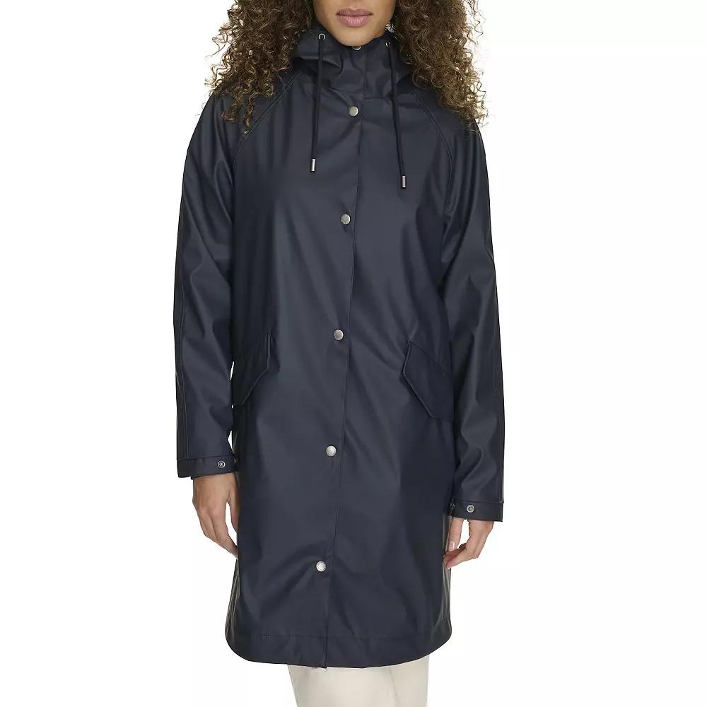 Womens Levis Rubberized Faux Leather Hooded Raglan Sleeve Rain Jacket Blue Product Image