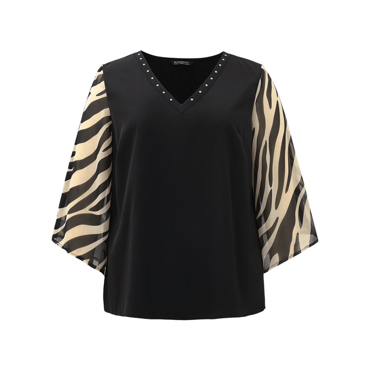 Plus Size Black Zebra Print Chiffon Patchwork Pearl Beaded Blouse Women Elegant Elbow-length sleeve V-neck Dailywear Blouses BloomChic 12/L Product Image