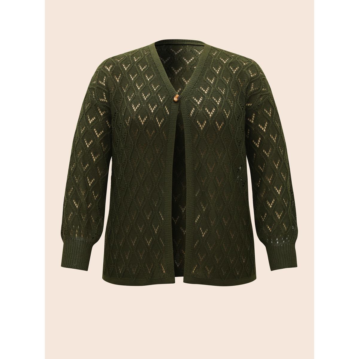 Plus Size Texture Button Up Hollow Out Cardigan ArmyGreen Women Casual Loose Three Quater Length Sleeve Everyday Cardigans BloomChic 12/L Product Image