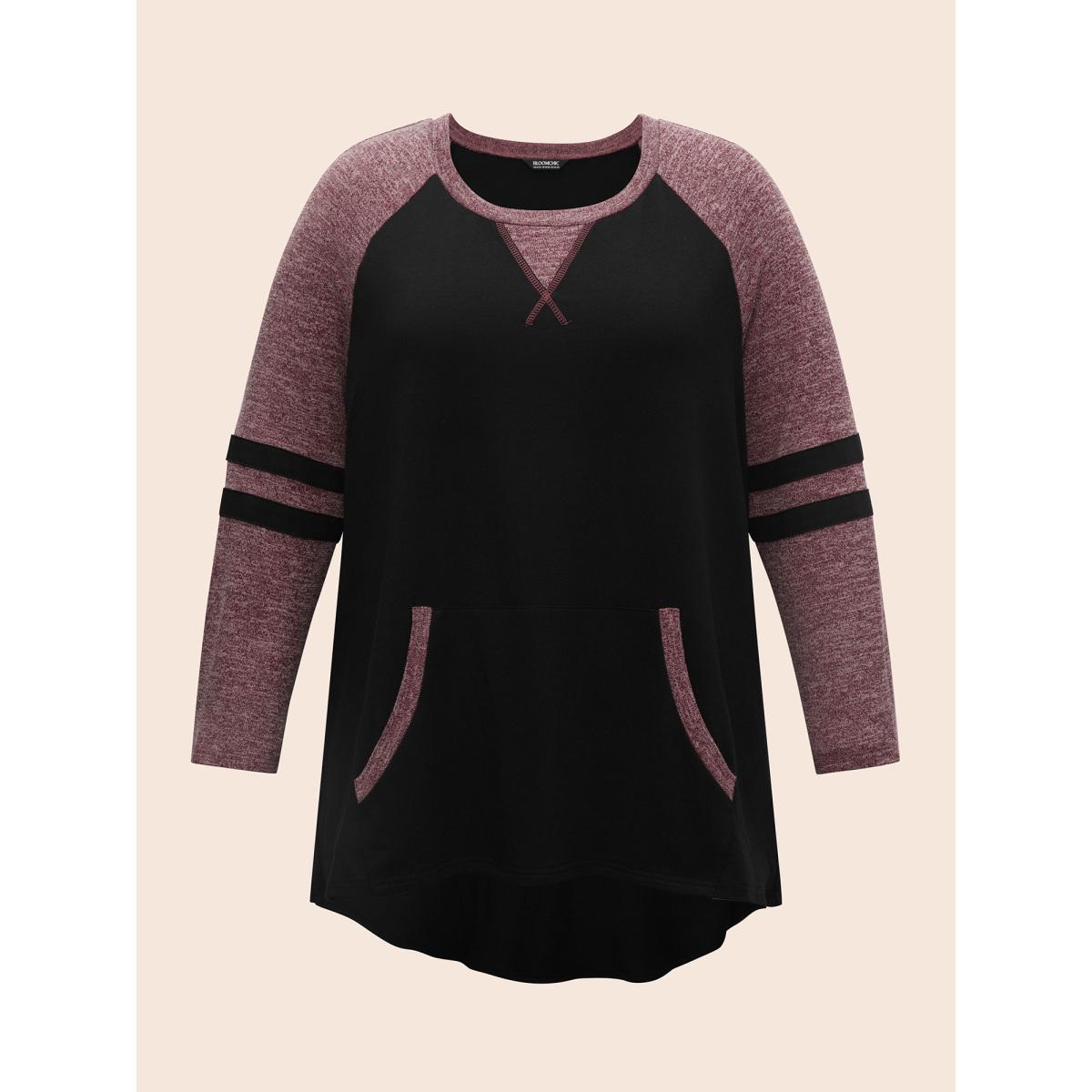 Plus Size Striped Contrast Pocket Raglan Sleeve High Low Hem Sweatshirt Women Emerald Casual Contrast Round Neck Everyday Sweatshirts BloomChic 30/6X Product Image