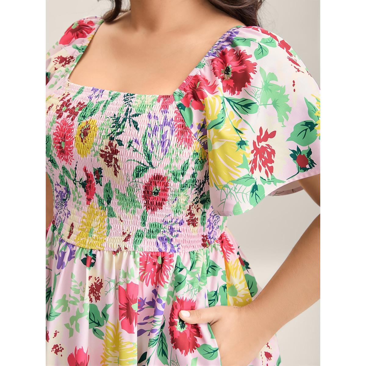 Plus Size Floral Shirred Square Neck Pocket Midi Dress Lightpink Women Romantic Non Square Neck Short sleeve Curvy Midi Dress BloomChic 28/5X Product Image