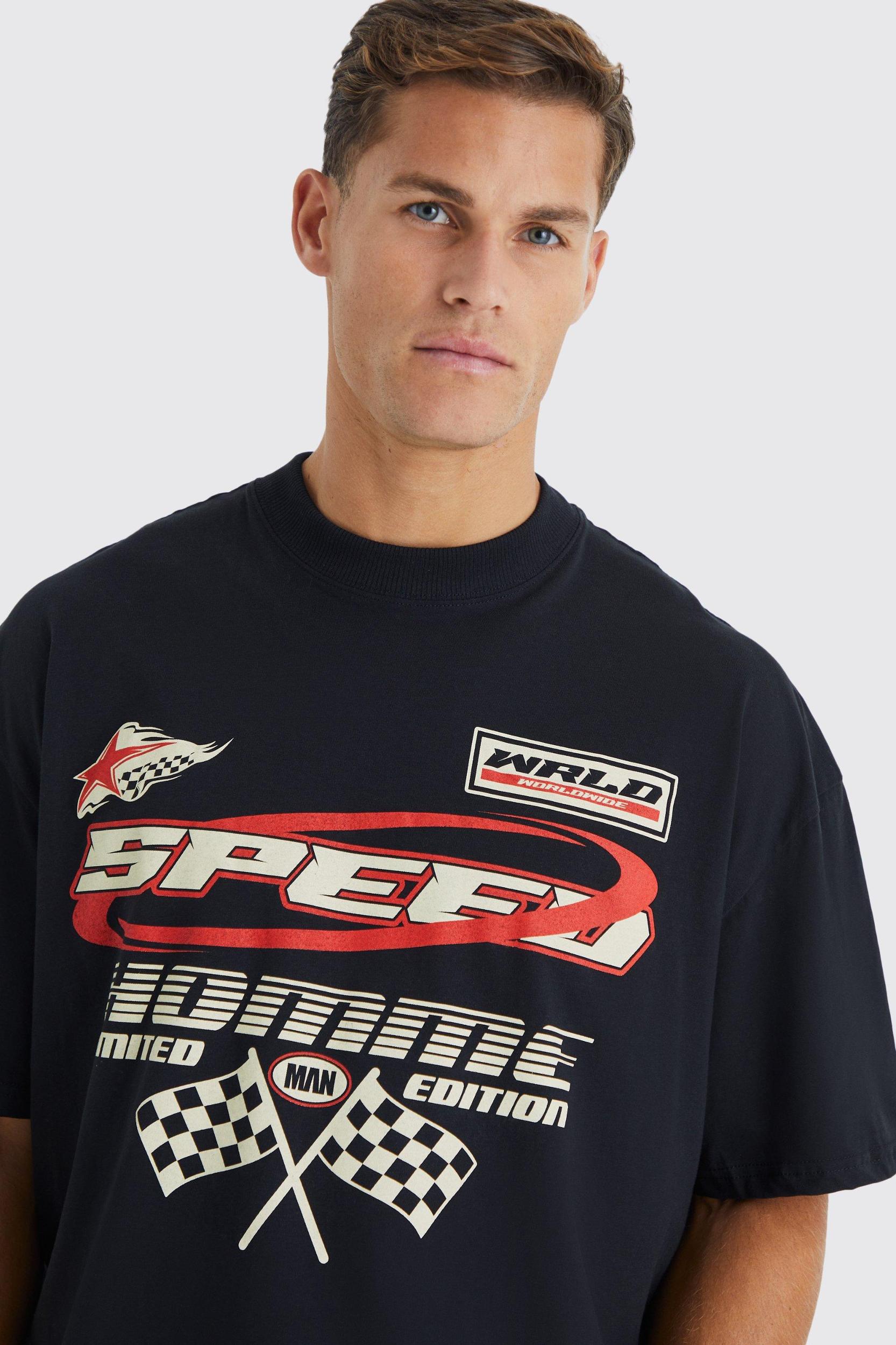 Tall Oversized Moto Racing Print T-shirt | boohooMAN USA Product Image
