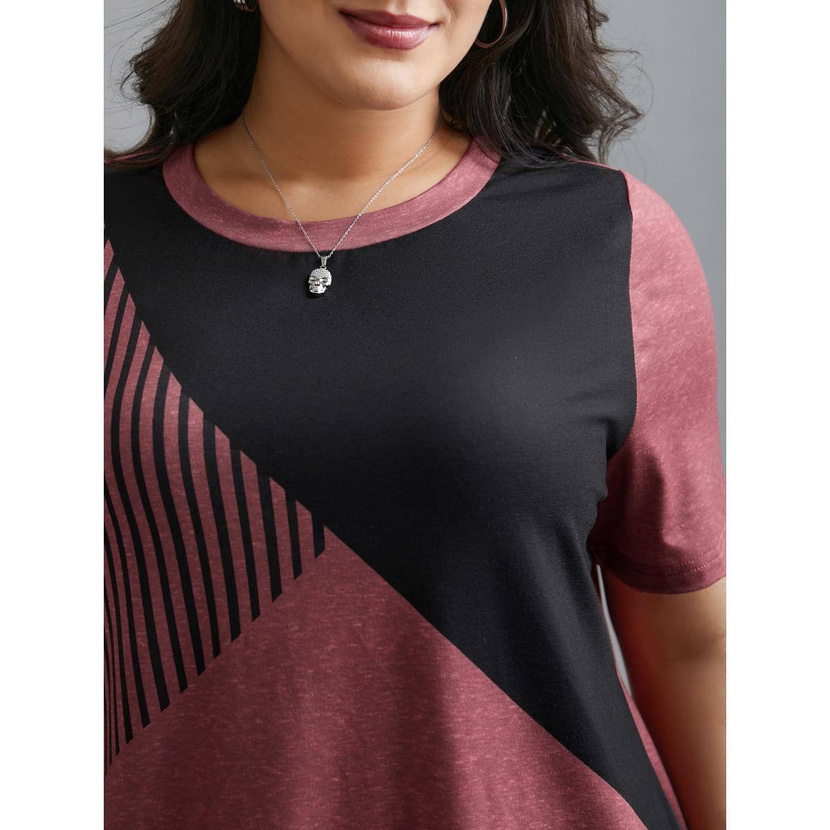 Plus Size Striped Print Contrast Stretchy T-Shirt Russet Women Casual Contrast Round Neck Everyday T-shirts BloomChic 18-20/2X Product Image