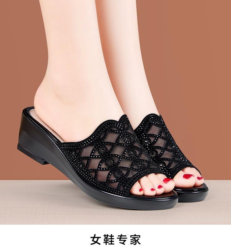 Rhinestone Eye Mesh Wedge Slide Sandals Product Image