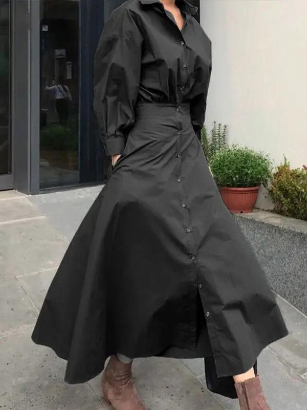 Loose Puff Sleeves Pleated Solid Color Split-Joint Lapel Maxi Dresses Shirt Dress Product Image