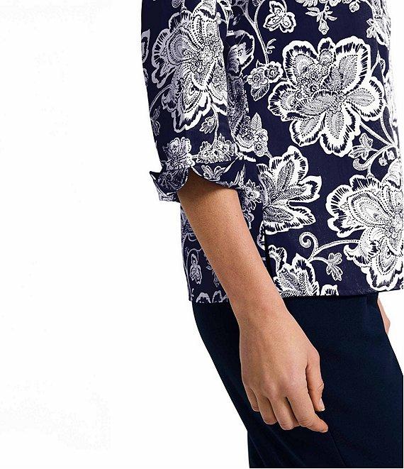 Foxcroft Vena Wrinkle-Free Floral Cotton Sateen Split V-Neck 3/4 Sleeve Button-Front Shirt Product Image