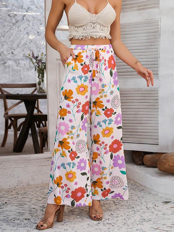 High Waisted Loose Contrast Color Drawstring Flower Print Pockets Pants Trousers Product Image