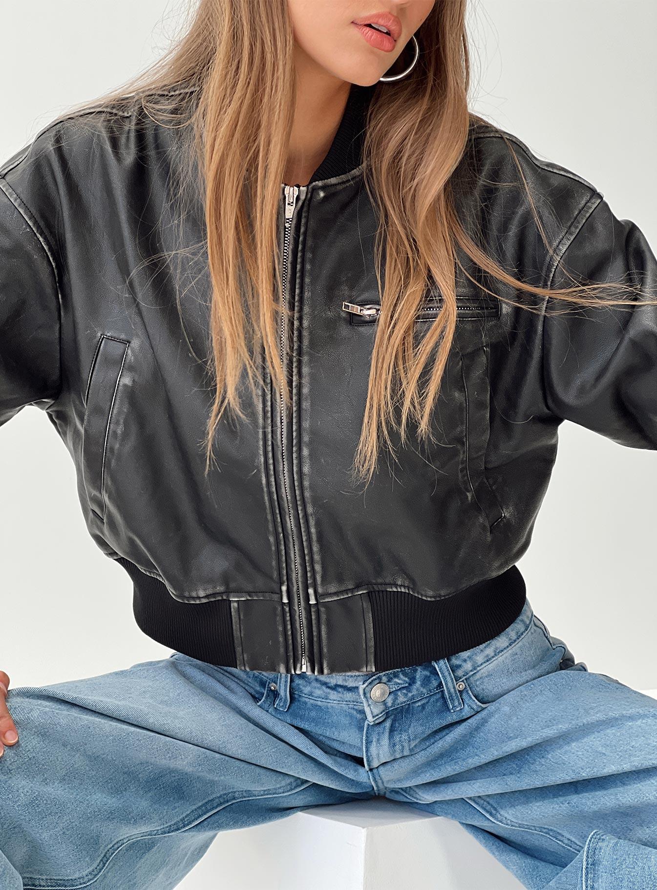 Sweet Disaster Faux Leather Cropped Bomber Jacket Black Product Image