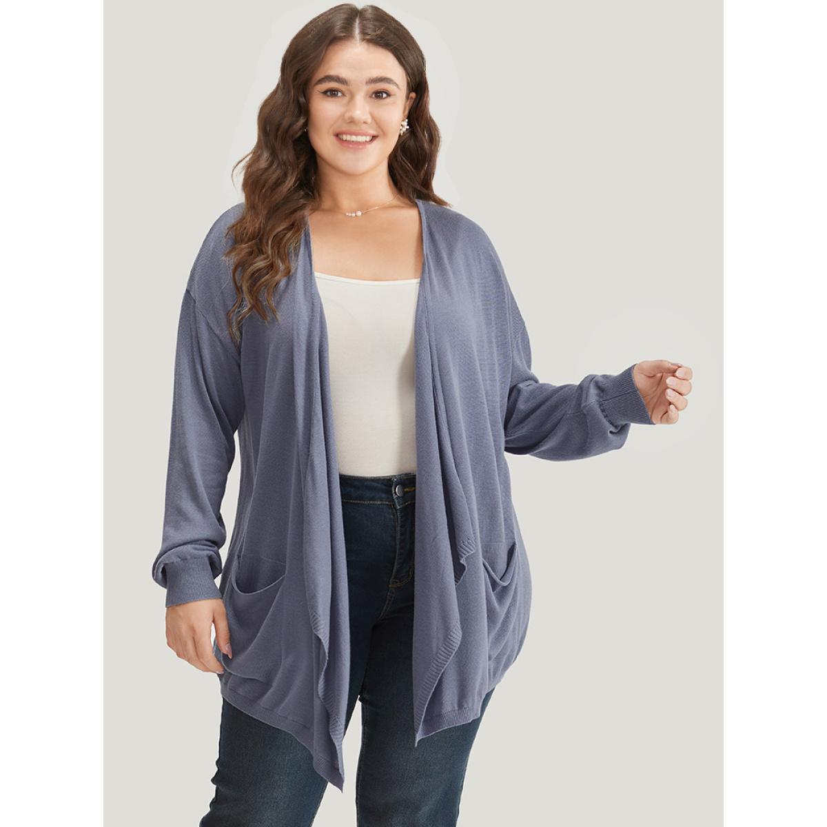 Plus Size Supersoft Essentials Solid Lapel Collar Patched Pocket Cardigan Stone Women Casual Loose Long Sleeve Dailywear Cardigans BloomChic 14-16/1X Product Image