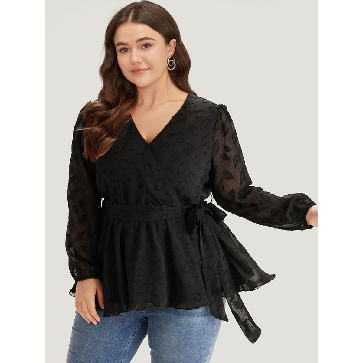 Plus Size Black Crochet Mesh Belted Gathered Wrap Lantern Sleeve Blouse Women Elegant Long Sleeve V-neck Dailywear Blouses BloomChic 22-24/3X Product Image