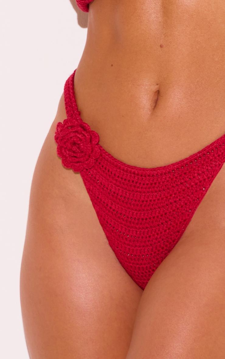 Red Crochet Applique Flower High Leg Bikini Bottoms Product Image