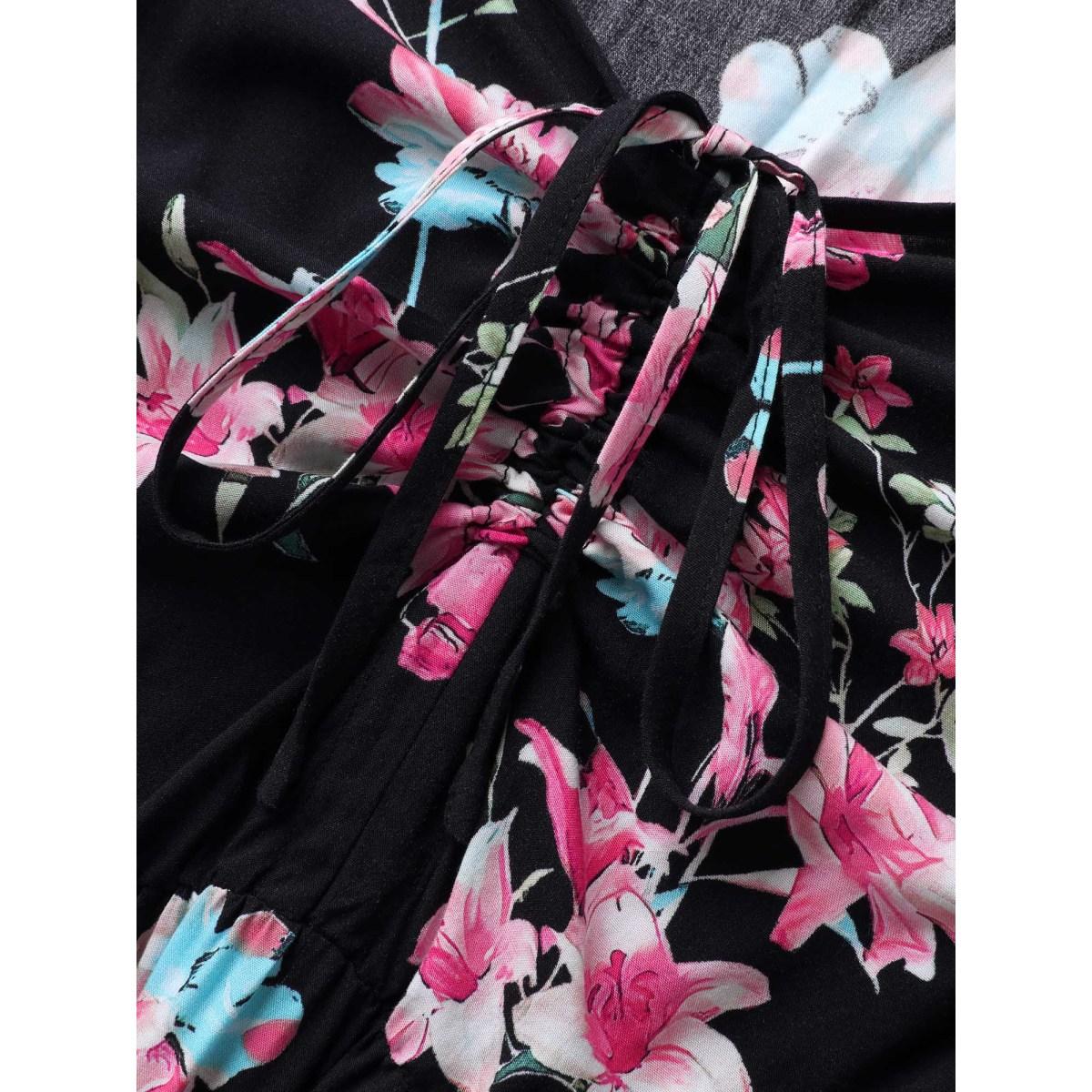 Plus Size Floral Adjustable Bust Drawstring Midi Dress Black Women Heart neckline Elbow-length sleeve Curvy BloomChic 22-24/3X Product Image