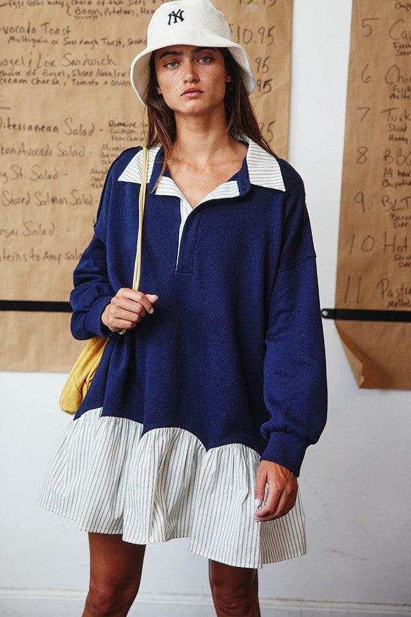 Stripe Contrast Detail Collared Mini T-shirt Dress Product Image