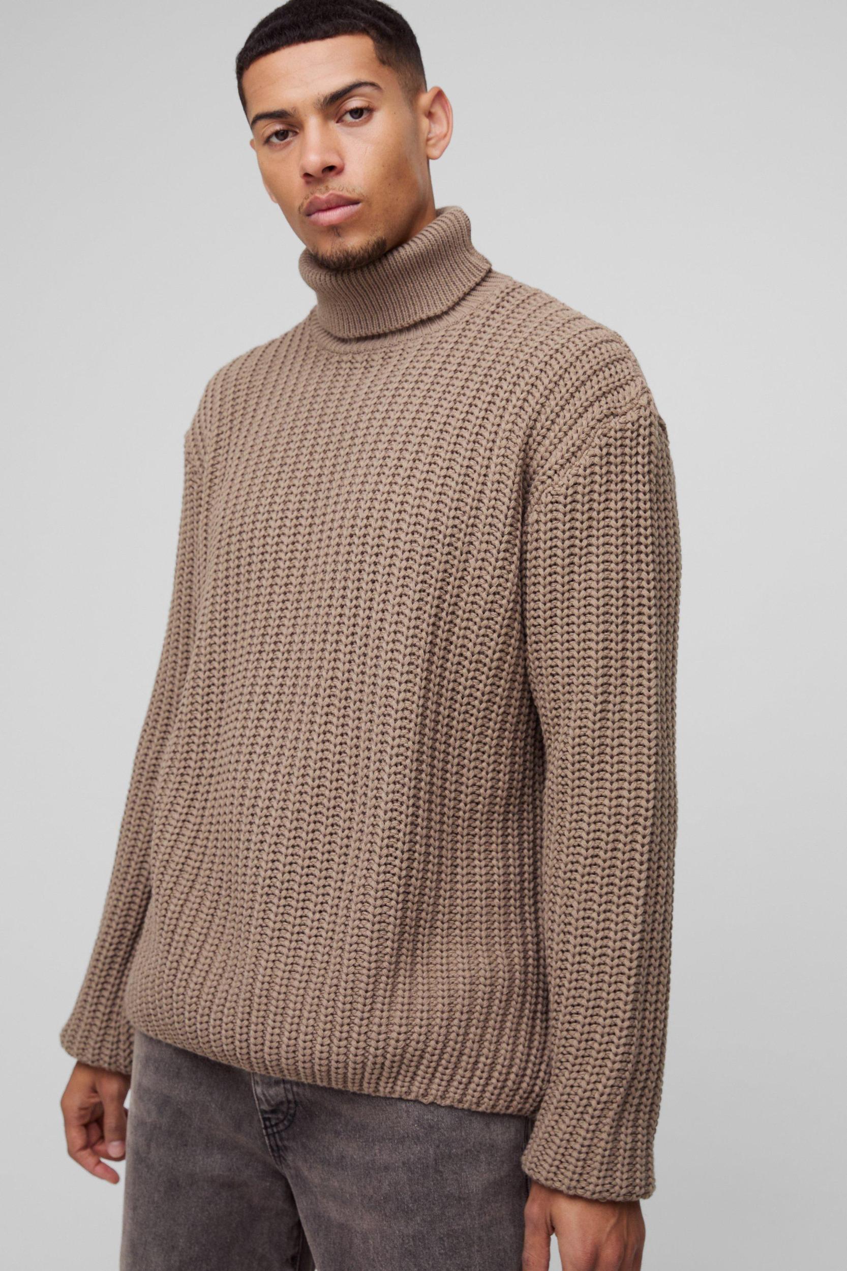 Oversized Boxy Fishman Ribbed Roll Neck Knitted Sweater | boohooMAN USA Product Image