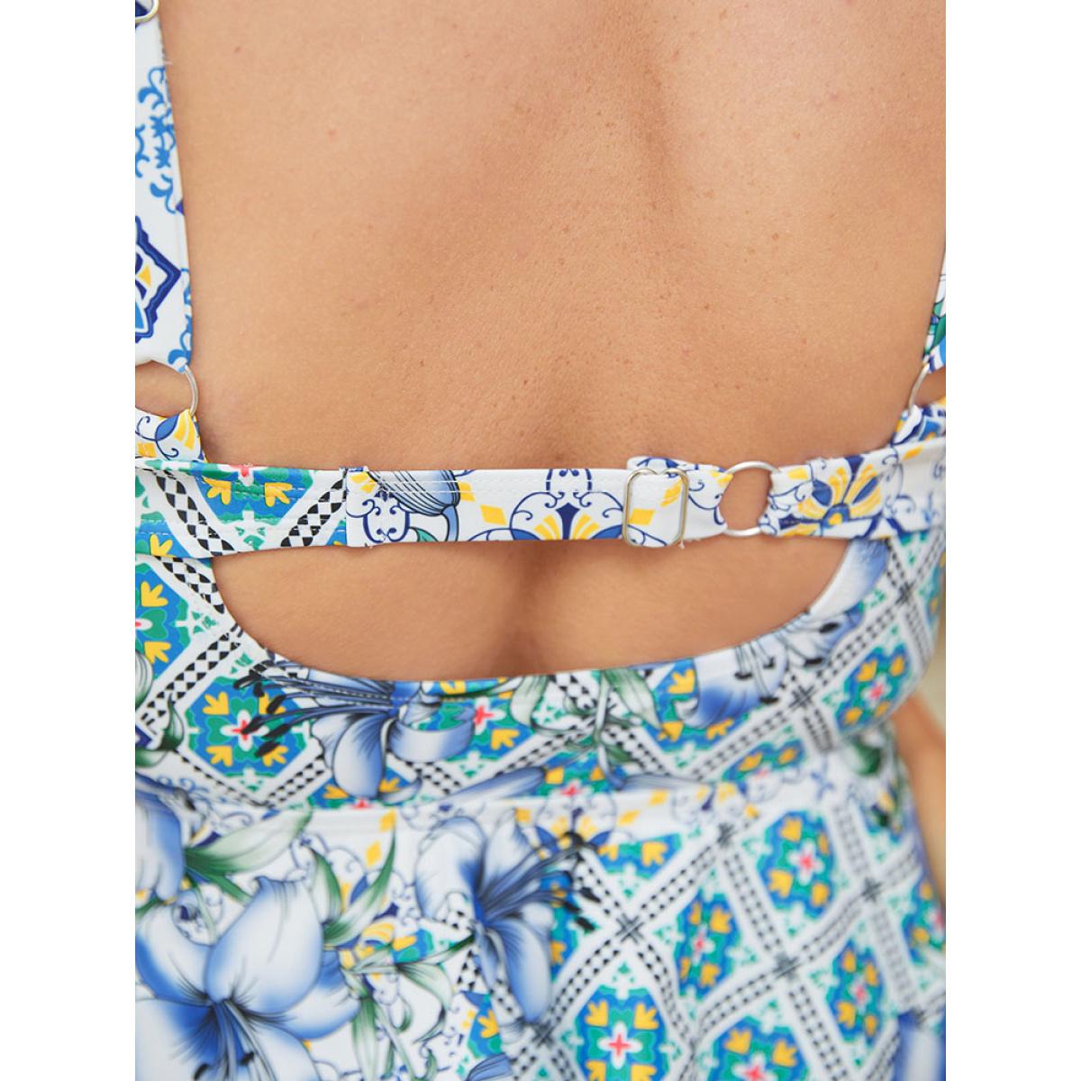 Plus Size Floral Ruched Knotted Split Front Cut Out Swim Dress Women's Swimwear Multicolor Bodycon V-neck High stretch Curve Swim Dresses BloomChic 18-20/2X Product Image