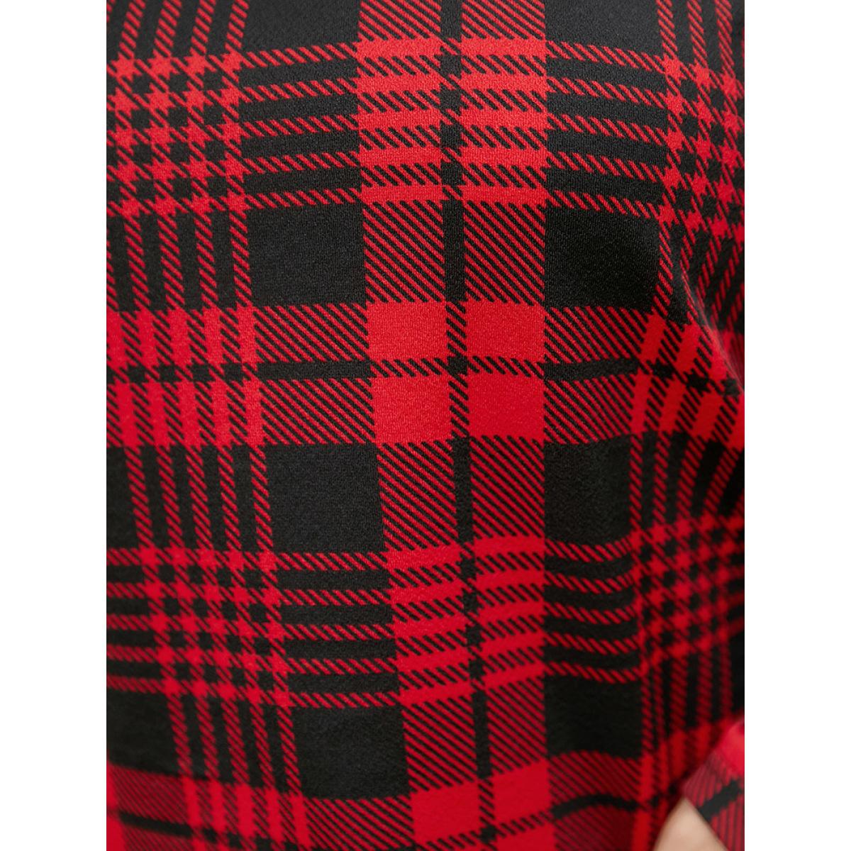 Plus Size Plaid Round Neck Bell Sleeve Sweatshirt Women Scarlet Elegant Round Neck Dailywear Sweatshirts BloomChic 12/L Product Image