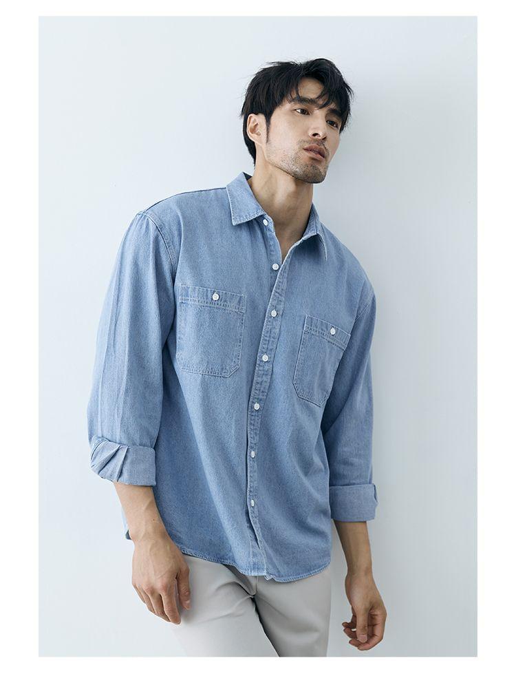 Long Sleeve Collared Washed Denim Shirt Product Image