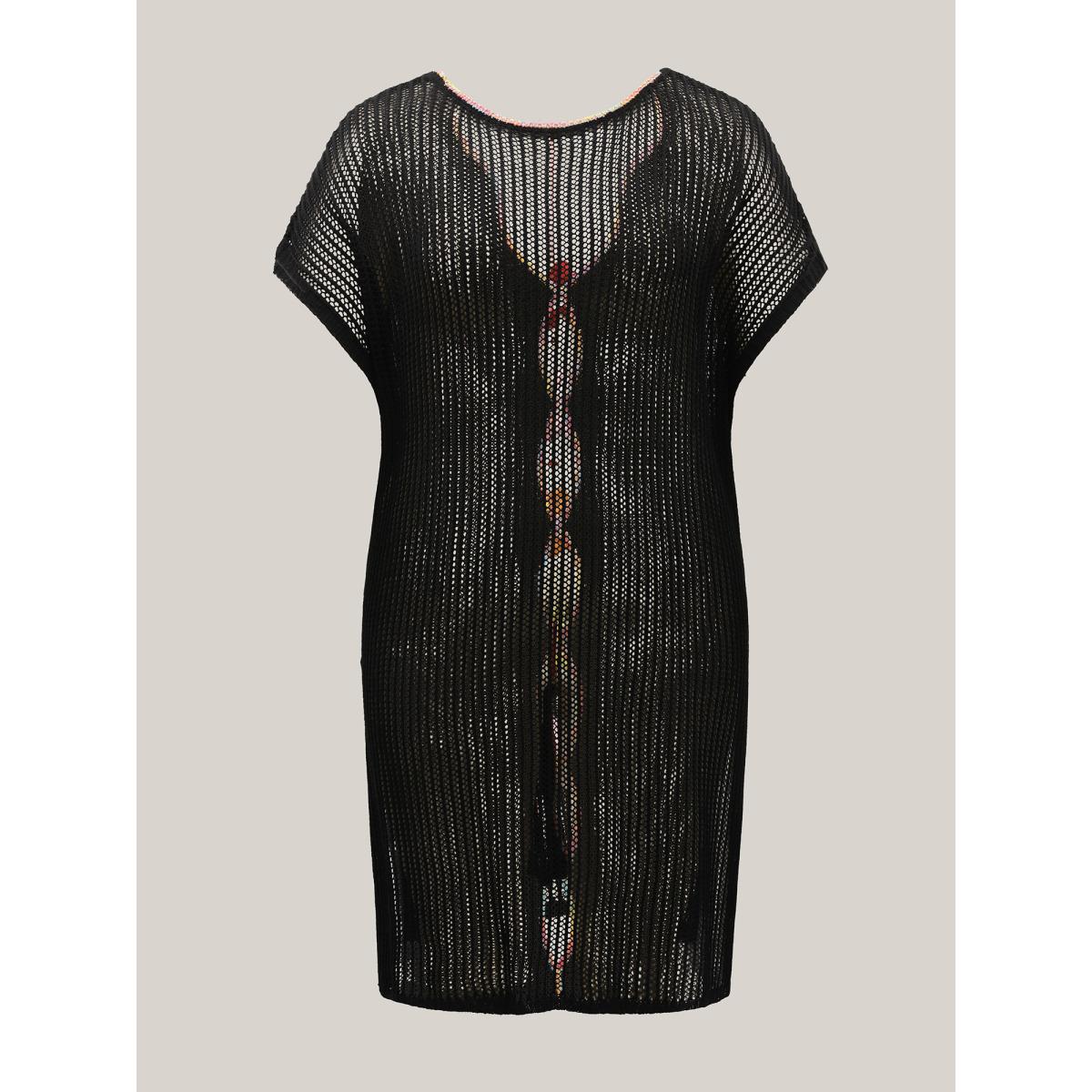 Plus Size Crochet Flower Backless Slit Swim Cover-Up Women's Swimwear Black Beach Loose Curve Swim Cover Ups BloomChic 14-16/1X Product Image