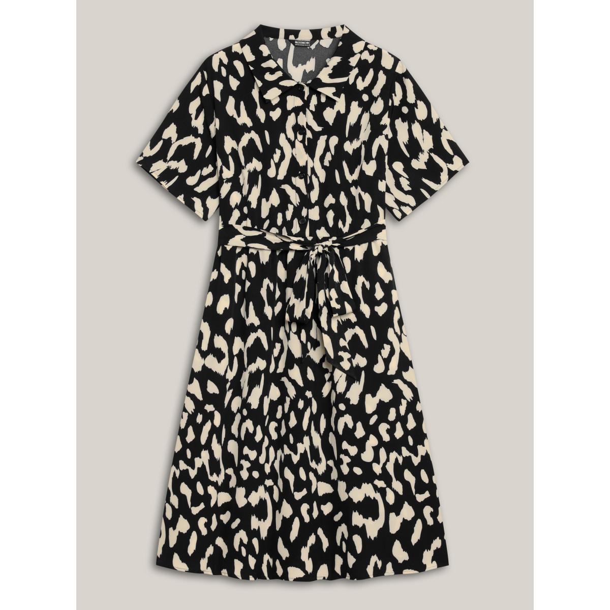 Plus Size Waist-Tie Pockets Shirt Collar Midi Dress Black Women At the Office Belted Shirt collar Short sleeve Curvy BloomChic 30/6X Product Image