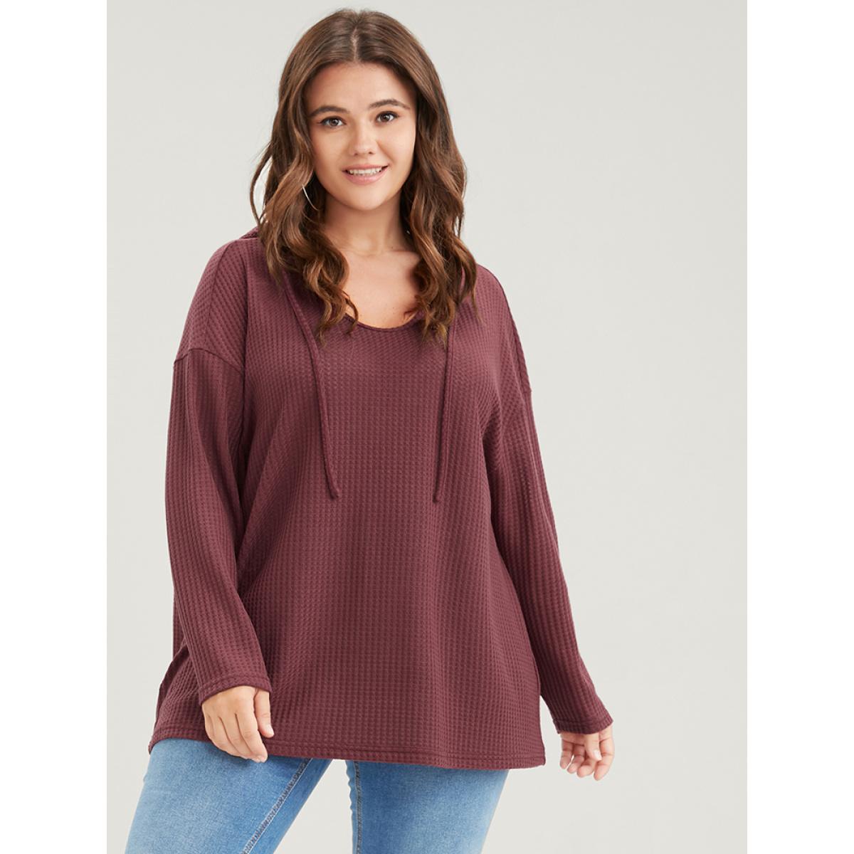 Plus Size Plain Ties Waffle Knit Hooded Sweatshirt Women Scarlet Casual Plain Hooded Dailywear Sweatshirts BloomChic 26/4X Product Image