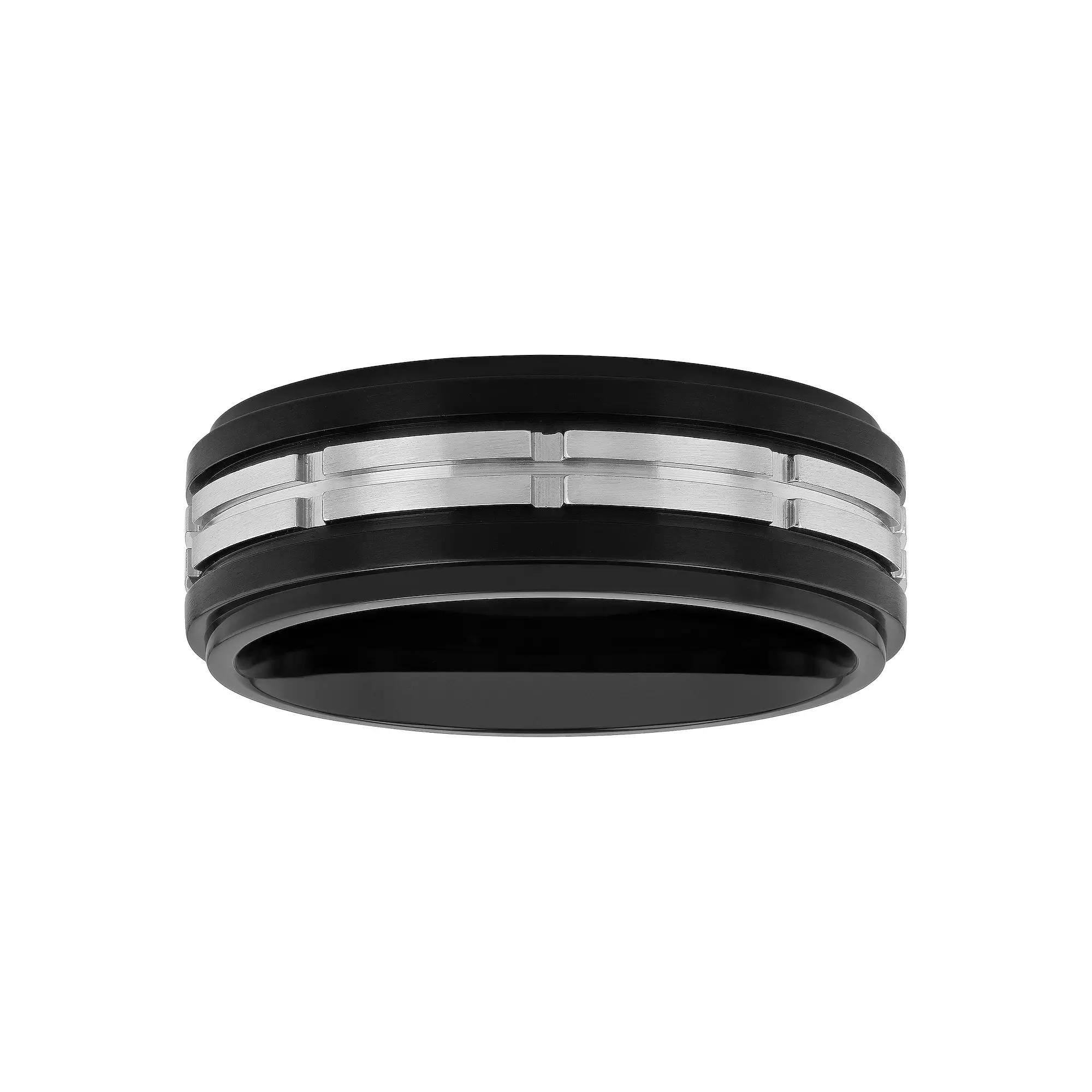 Men's Black & Gray Stainless Steel Treaded Wedding Band, Size: 7, Two Tone Product Image