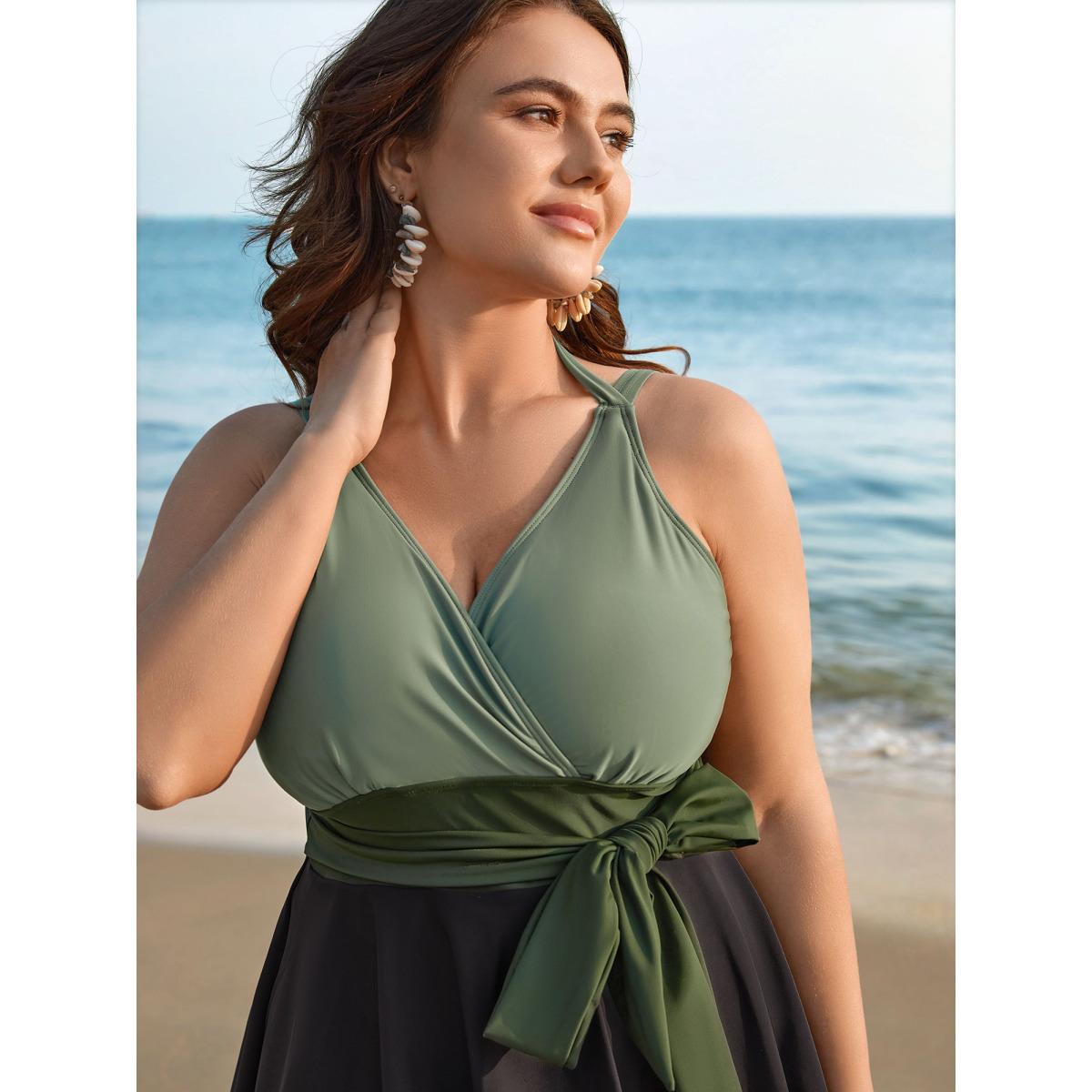 Plus Size Color-Block Panelled Waist-Tie Swim Dress Women's Swimwear ArmyGreen Beach Bodycon Overlap Collar High stretch Curve Swim Dresses BloomChic 18-20/2X Product Image