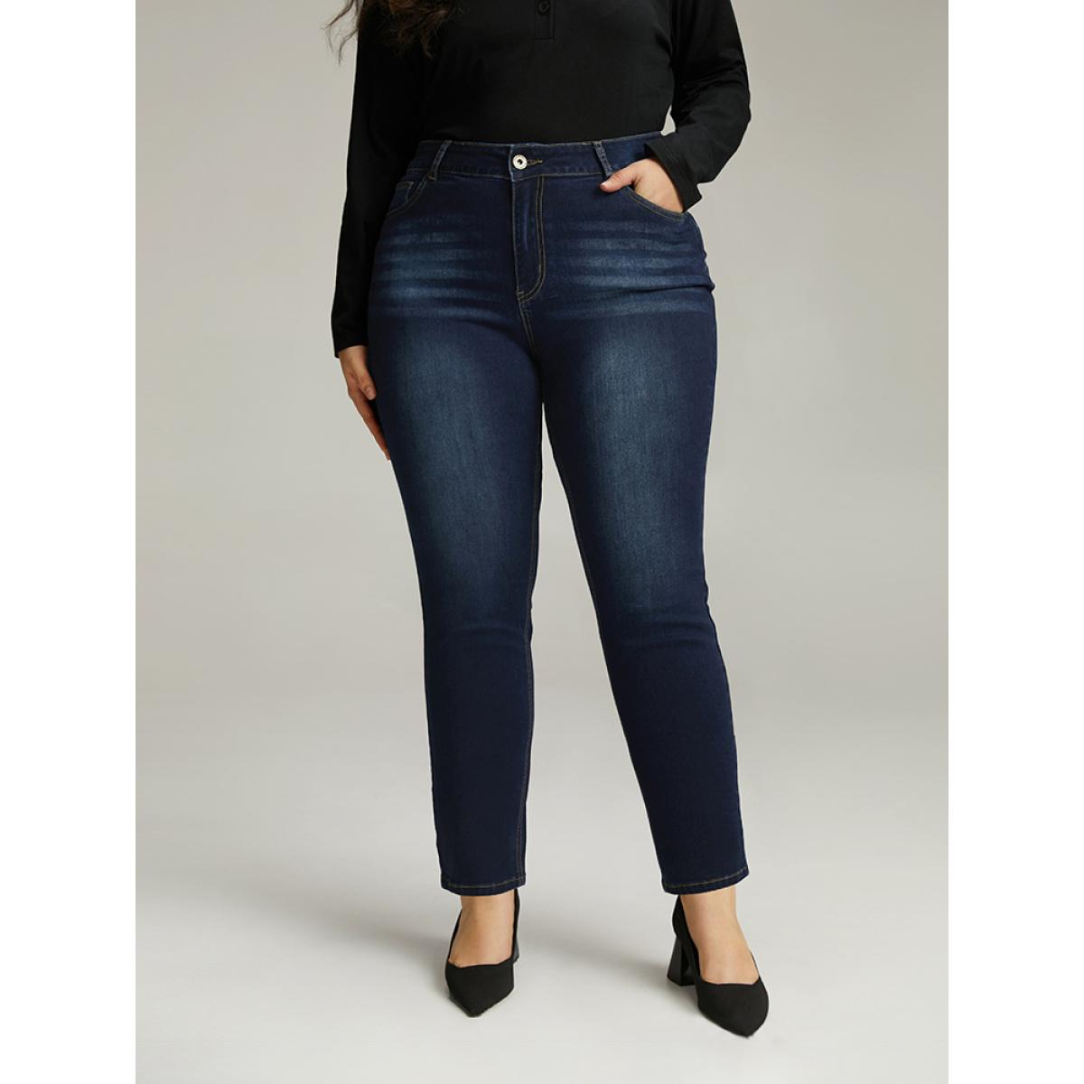 Plus Size Plain Straight Leg Pocket High Rise Jeans Women DarkBlue Casual Plain Plain High stretch Pocket Jeans BloomChic 10/M Product Image