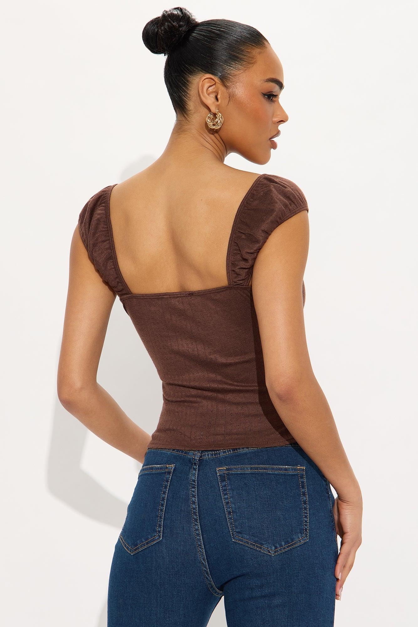 Pia Short Sleeve Pointelle Top - Brown Product Image