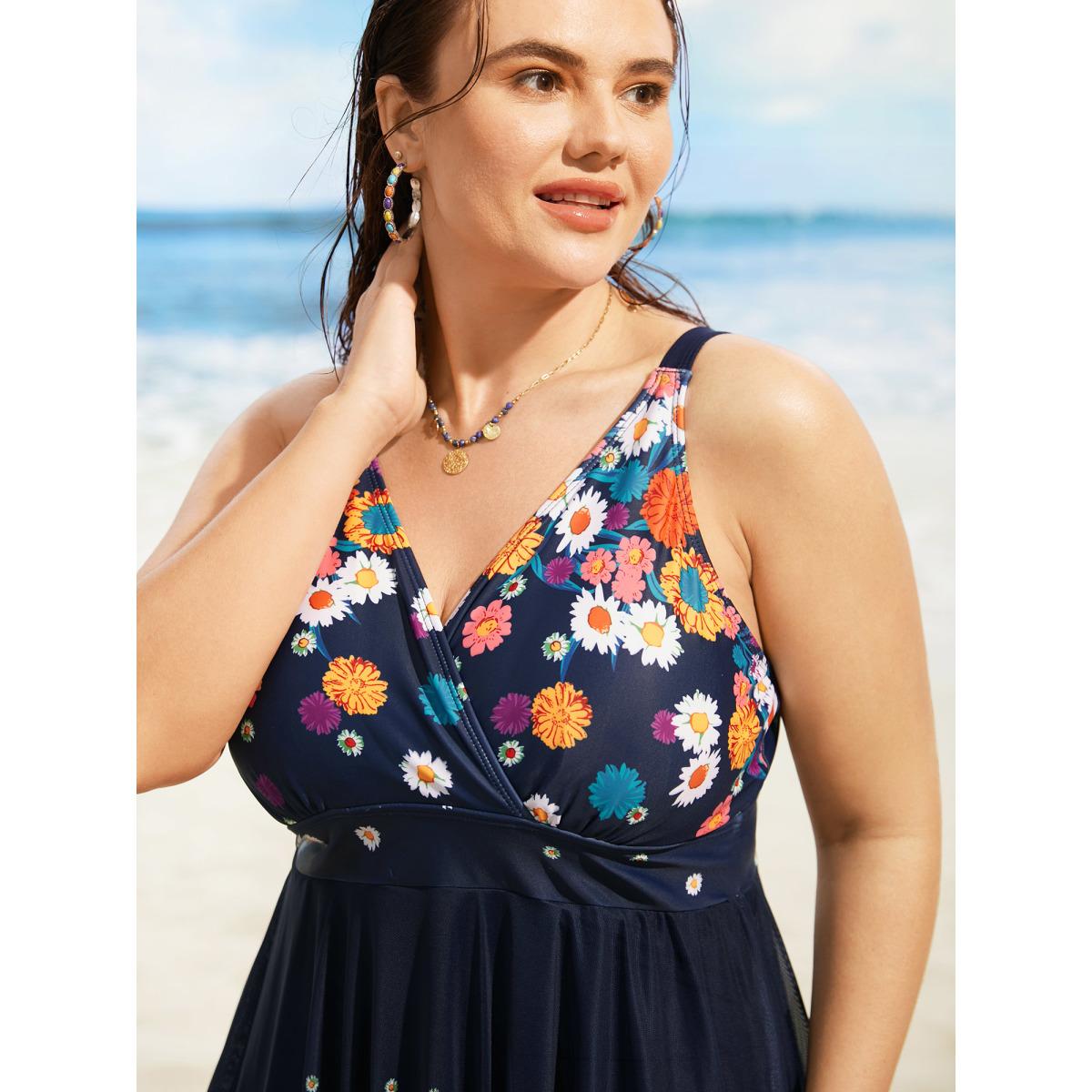 Plus Size Overlap Collar Floral Patchwork Mesh Swim Dress Women's Swimwear Indigo Beach Bodycon Overlap Collar High stretch Curve Swim Dresses BloomChic 28/5X Product Image