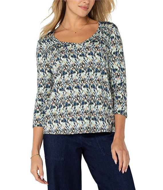 Liverpool Los Angeles Printed Jersey V-Neck 3/4 Sleeve Shirred Top Product Image