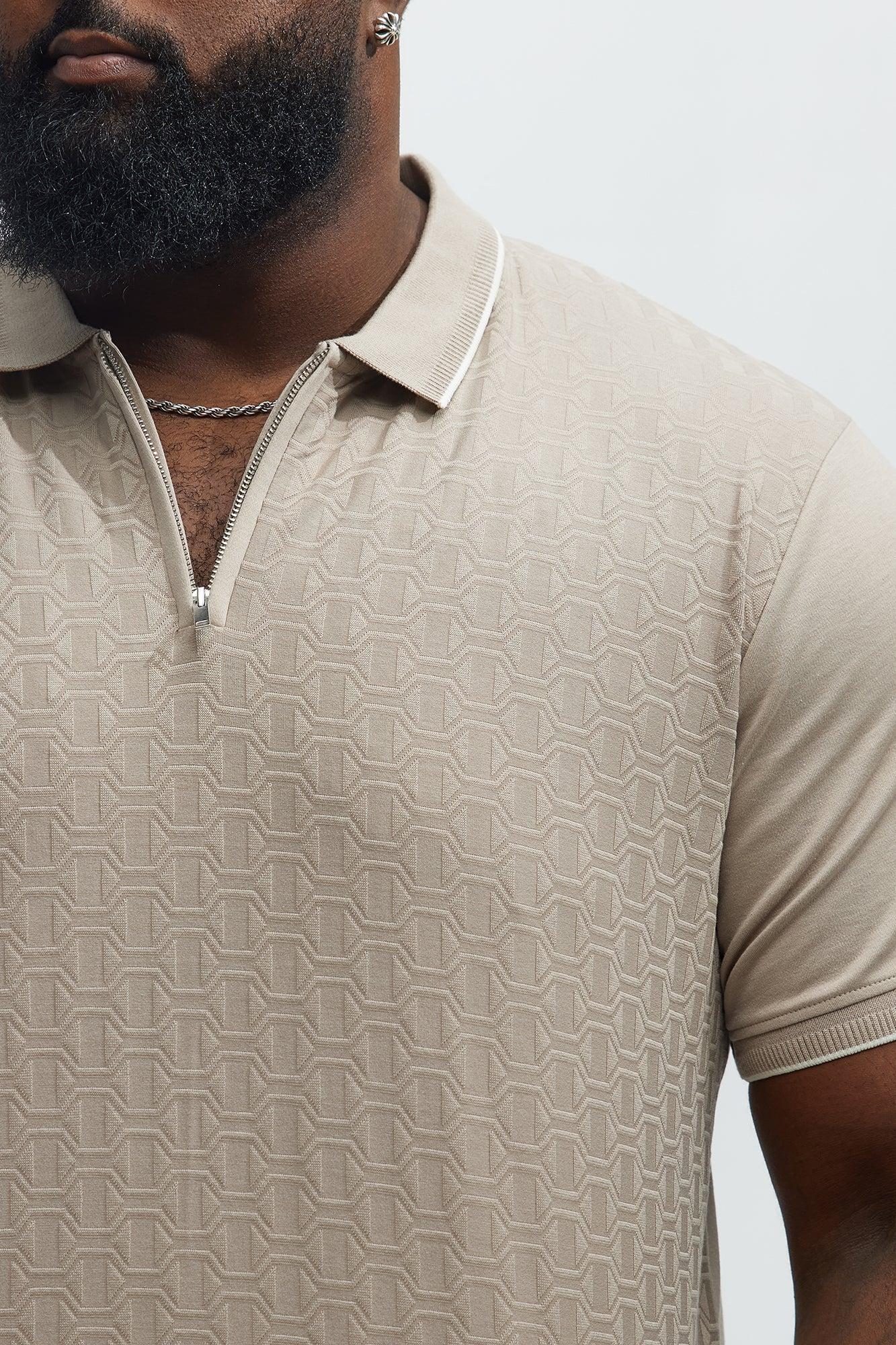 Geometric Textured Zip Polo - Taupe Product Image