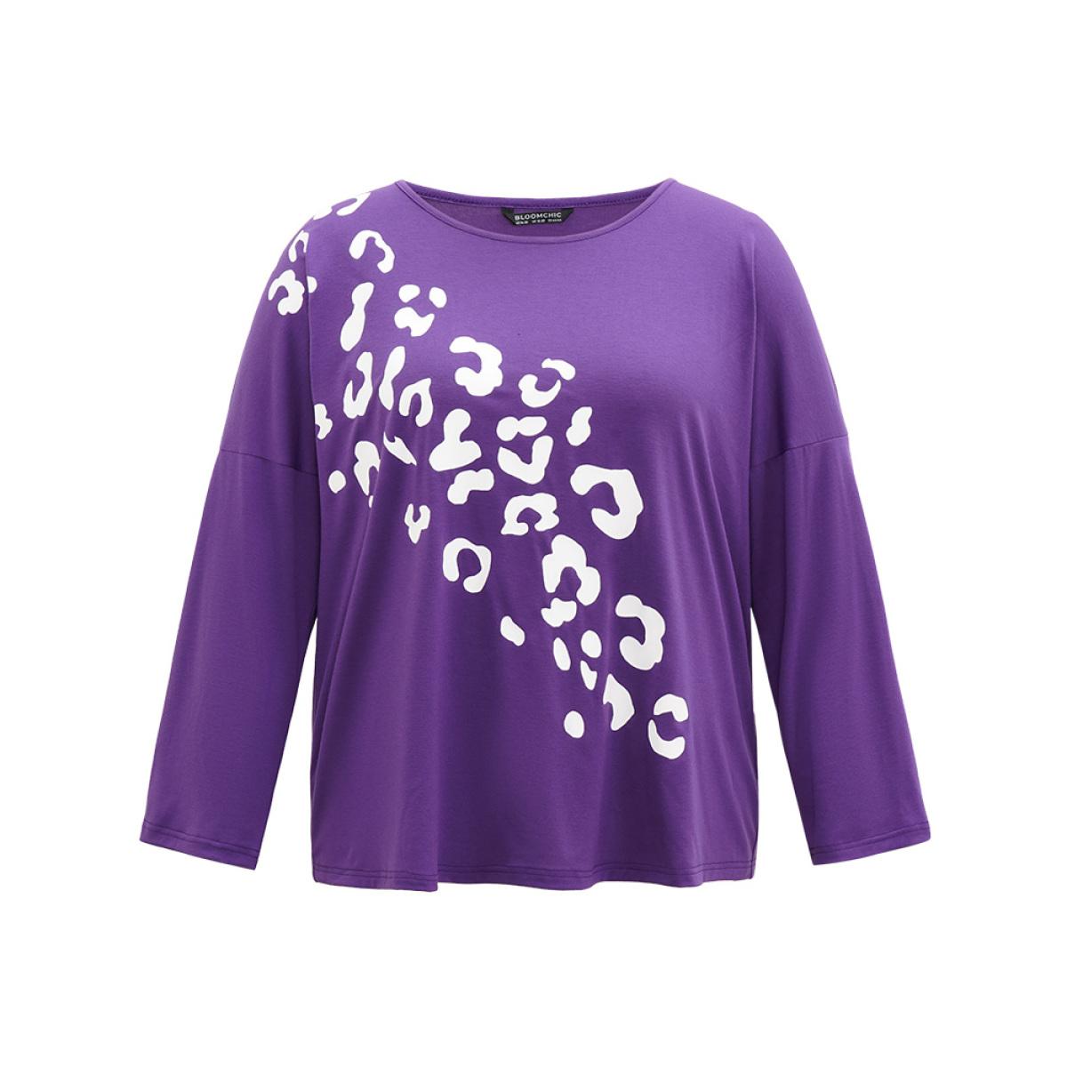 Plus Size Leopard Print Two Tone T-shirt BlueViolet Women Casual Printed Leopard Round Neck Dailywear T-shirts BloomChic 30/6X Product Image