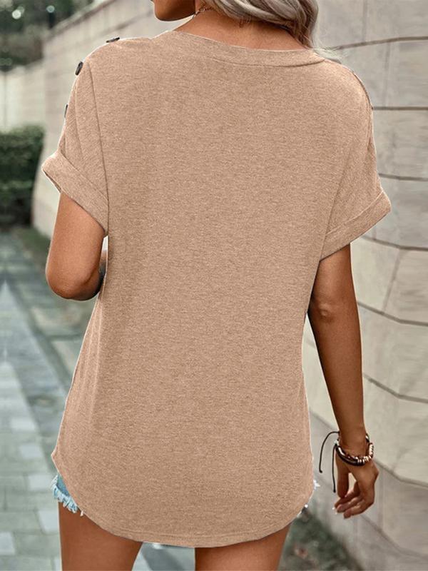 Loose Short Sleeves Buttoned Solid Color V-Neck T-Shirts Tops Product Image