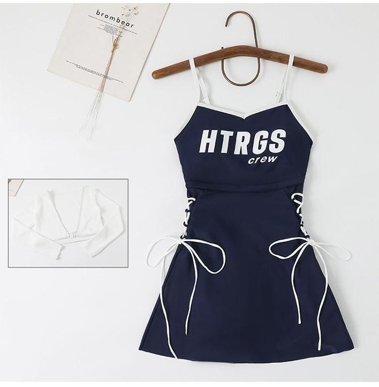 Set: Spaghetti Strap Lettering Contrast Trim Lace-Up Swim Dress + Long-Sleeve Plain Crop Cover Up Product Image