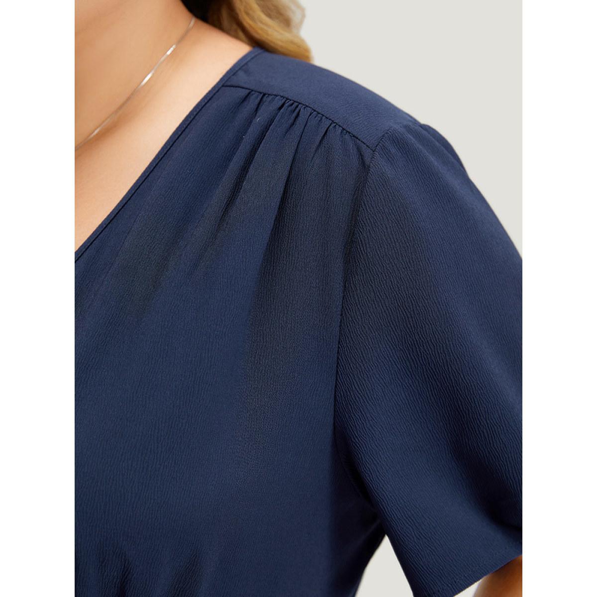 Plus Size Plain Pocket Button Detail V Neck Plicated Knot Dress Indigo Women Elegant Plain V-neck Short sleeve Curvy Midi Dress BloomChic 30/6X Product Image