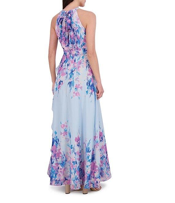 Eliza J Chiffon Floral Print Halter Neck Sleeveless Ruffle Gown Product Image