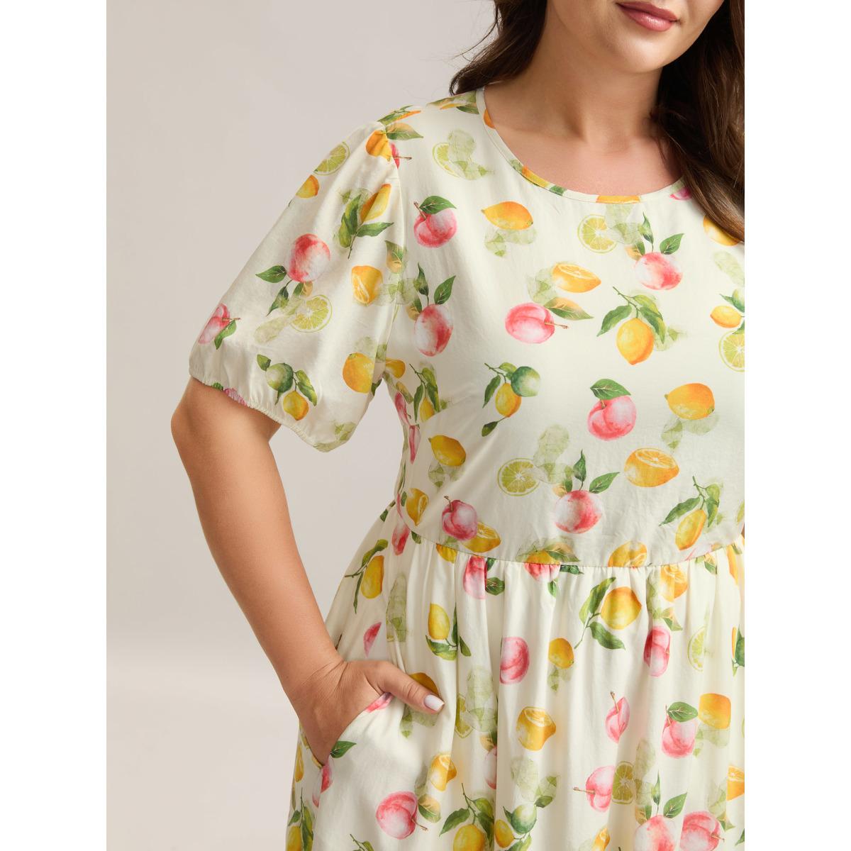 Plus Size Fruity Fun Print Cut-Out Midi Dress Multicolor Women Round Neck Short sleeve Curvy BloomChic 22-24/3X Product Image