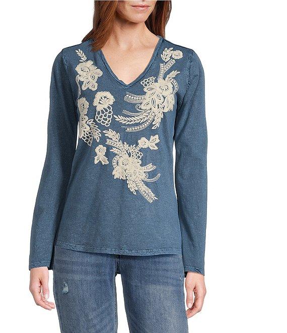 Reba Knit Jersey Embroidered V-Neck Long Sleeve T-Shirt Product Image